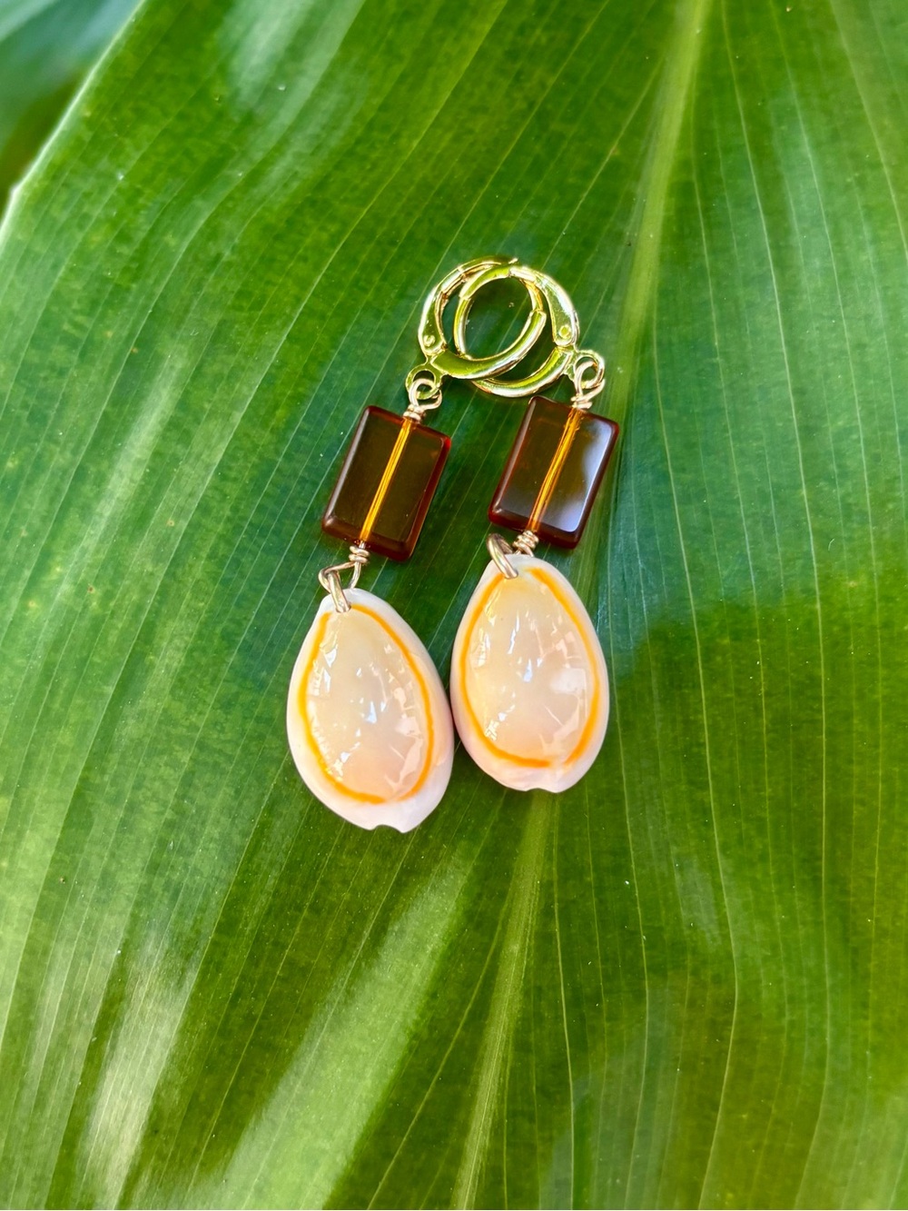 Brown Glass and Cowries Drop Earrings